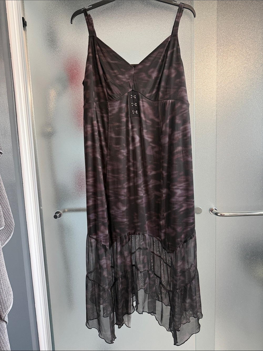 Women's High-Low Slip Dress in Deep Plum and Black Mesh